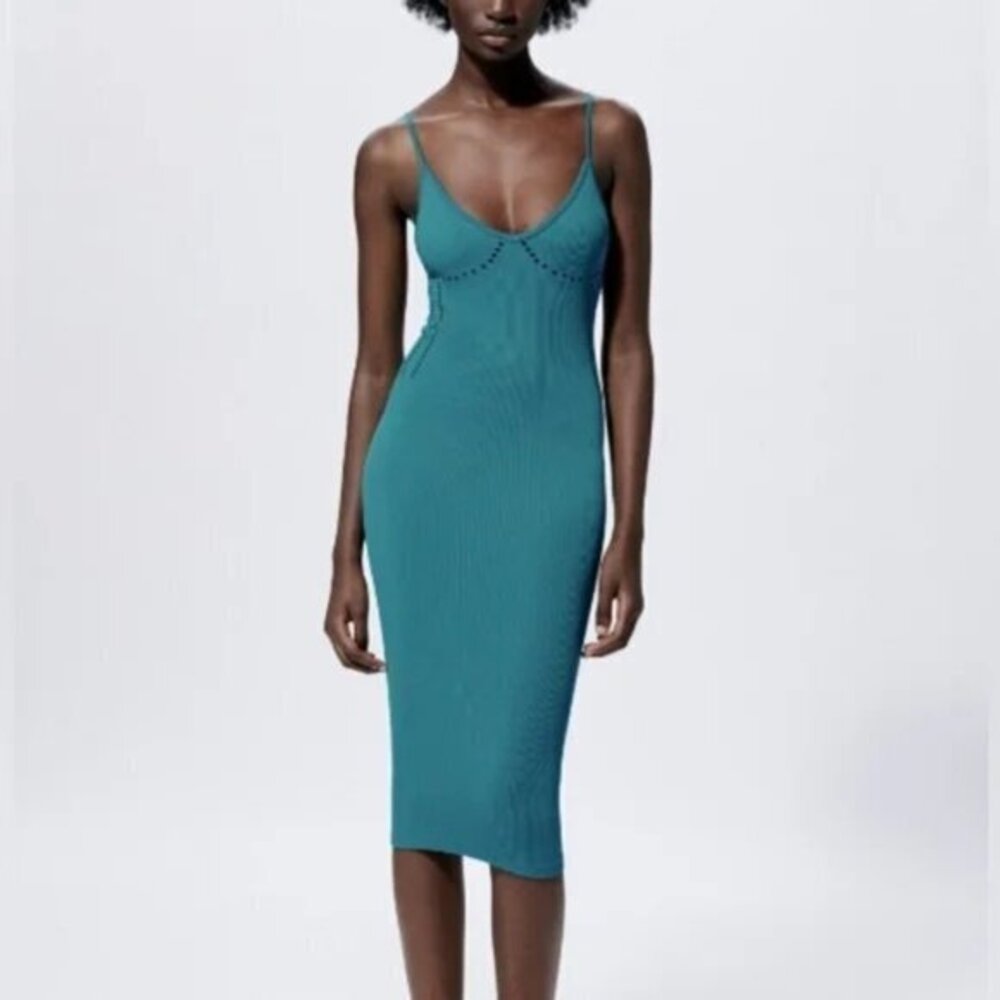 Zara Teal Seamless Perforated Midi Dress